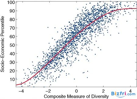 社交网络多样性越强，经济排名就越高。